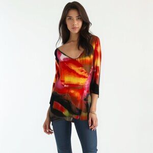 ❤️ Clara Sun Woo Abstract Grid Angle Flow Tunic Silky Knit Red Water Color XL